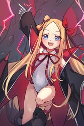  abigail_williams_(fate) arm_up bb_(fate) bb_(swimsuit_mooncancer)_(fate) bb_(swimsuit_mooncancer)_(fate)_(cosplay) bb_(swimsuit_mooncancer)_(third_ascension)_(fate) black_coat blonde_hair blue_eyes blush bow breasts coat cosplay covered_navel fate/grand_order fate_(series) female forehead gloves hair_ribbon hairbow high_heels highleg highleg_leotard highres leotard long_hair looking_at_viewer miya_(miyaruta) multiple_bows neck_ribbon open_clothes open_coat open_mouth orange_bow parted_bangs popped_collar red_footwear red_ribbon ribbon sidelocks small_breasts smile tentacle thighs white_gloves white_leotard yog-sothoth 