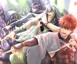  3boys ashiya_douman_(fate) ashiya_douman_(second_ascension)_(fate) audience black_hair brown_hair commentary_request concert emiya_shirou fate/grand_order fate_(series) glowstick highres holding holding_microphone kotomine_kirei long_hair microphone multicolored_hair multiple_boys music open_mouth pointing rasputin_(fate) red_hair senji_muramasa_(fate) senji_muramasa_(second_ascension)_(fate) short_hair singing spotlight stage stage_lights two-tone_hair umekonbu_daisuki white_hair wide_sleeves wristband 