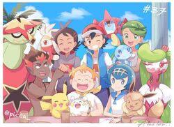  2girls 4boys artist_name bangs baseball_cap black_hair blue_eyes blue_hair blush_stickers brown_eyes brown_hair closed_eyes cloud commentary_request cup dark_skin dark_skinned_male day eevee fist_bump flower fork freckles gen_1_pokemon gen_4_pokemon gen_7_pokemon gen_8_pokemon goh_(pokemon) green_eyes green_hair hair_flower hair_ornament hairband hashtag hat highres holding holding_pokemon jacket jewelry kiawe_(pokemon) lana_(pokemon) looking_at_viewer looking_back mallow_(pokemon) mei_(maysroom) multiple_boys multiple_girls necklace number open_mouth orange_hair pikachu plate pokemon pokemon_(anime) pokemon_(creature) pokemon_on_back pokemon_swsh_(anime) raboot rotom rotom_dex satoshi_(pokemon) scarf shirt shirtless short_sleeves sky smile sobble sophocles_(pokemon) starter_pokemon teeth togedemaru tongue tsareena turtonator watermark white_shirt 