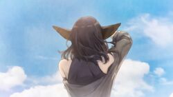  animal_ears arm_up black_hair cloud facing_away female fox_ears fox_girl highres kobuta long_hair miho_(please_be_happy) off_shoulder official_art please_be_happy sky solo 