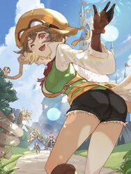  4girls arrow_(symbol) ass black_shorts blonde_hair blue_sky breasts brown_gloves brown_hair building castle cleo_(dragalia_lost) cloud cutoffs day dragalia_lost flying francesca_(dragalia_lost) gloves goggles goggles_on_headwear grass hand_up hat large_breasts light_blush looking_at_viewer looking_back multiple_girls notte_(dragalia_lost) oerba_yun_fang one_eye_closed orange_headwear outdoors pink_eyes puffy_sleeves road short_shorts shorts skin_fang sky sleeves_past_elbows solo_focus standing tree ve_0ekaki zethia 