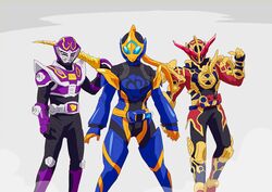  2boys armor blue_eyes cobra_(animal) evol_driver female gloves highres holding holding_weapon instrument kamen_rider kamen_rider_build_(series) kamen_rider_evol kamen_rider_jeanne kamen_rider_ouja kamen_rider_revice kamen_rider_ryuki_(series) libera_driver multiple_boys orange_armor orange_gloves otokamu purple_armor red_armor staff sword trait_connection venosaber weapon 