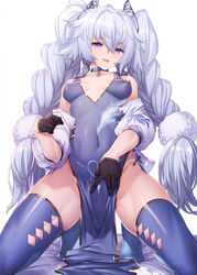  bare_shoulders black_gloves blue_dress blue_eyes blush braid breasts china_dress chinese_clothes collar commentary_request commission covered_navel dress female girls&#039;_frontline gloves grey_hair hair_between_eyes hair_ornament half_gloves highres ibuki_notsu kneeling long_hair looking_at_viewer off_shoulder open_clothes open_mouth pa-15_(alluring_larkspur)_(girls&#039;_frontline) pa-15_(girls&#039;_frontline) pelvic_curtain puffy_sleeves short_eyebrows sidelocks simple_background skeb_commission small_breasts smile solo thighhighs thighs twin_braids twintails very_long_hair white_background 