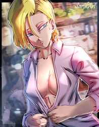  absurdres android_18 artist_name blonde_hair blue_eyes breasts buttoning commentary covered_nipples dragon_ball dragon_ball_z dressing earrings female hair_between_eyes highres hoop_earrings hot jewelry large_breasts no_bra sarulart sleeves_rolled_up solo sweat symbol-only_commentary upper_body 