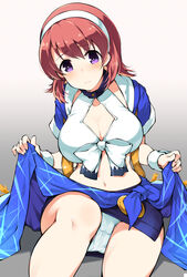  bow breasts choker cleavage closed_mouth collarbone covered_collarbone female frown gradient_background hair_between_eyes hairband halterneck hasegawa_akemi large_breasts looking_at_viewer miniskirt navel panties pia_carrot_(series) pia_carrot_e_youkoso!!_3 pink_hair purple_choker purple_eyes purple_skirt short_hair sitting skirt solo underwear white_bow white_hairband white_panties wrist_cuffs youhei_64d 