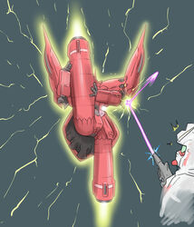  battle beam_rifle energy_gun firing floating green_eyes gundam gundam_unicorn mecha neo_zeong niiyan no_humans robot space split standing standing_on_one_leg standing_split surprised unicorn_gundam weapon zeon 