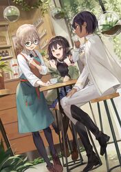  3girls animal_ears aspen_(please_be_happy) braid cafe crown_braid cup dark-skinned_female dark_skin disposable_coffee_cup disposable_cup fox_girl glasses green_eyes highres juliet_(please_be_happy) kobuta long_hair miho_(please_be_happy) multiple_girls official_art open_mouth orb pantyhose plant please_be_happy shirt short_hair sitting slit_pupils standing stool table white_shirt yellow_eyes 