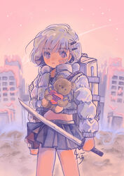  bandaid bandaid_on_face black_skirt blush building cowboy_shot female grey_hair grey_jacket hair_ornament hairclip highres holding holding_sword holding_weapon jacket long_sleeves looking_at_viewer medium_hair orange_sky original pink_eyes pleated_skirt skirt sky solo stuffed_animal stuffed_toy sword teddy_bear toyux2 weapon 