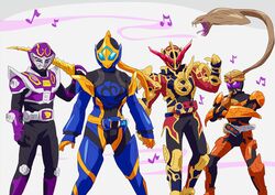  3boys armor blue_eyes burakawani_(ooo_combo) cobra_(animal) evol_driver female flute gloves highres holding holding_weapon instrument kamen_rider kamen_rider_build_(series) kamen_rider_evol kamen_rider_jeanne kamen_rider_ooo kamen_rider_ooo_(series) kamen_rider_ouja kamen_rider_revice kamen_rider_ryuki_(series) libera_driver multiple_boys musical_note orange_armor orange_gloves otokamu purple_armor red_armor staff summoning sword trait_connection venosaber weapon 