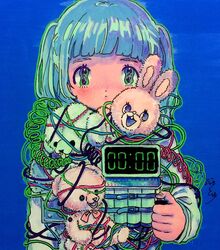  bangs blue_background blue_hair blunt_bangs blush female green_eyes green_outline hand_up highres long_hair looking_at_viewer original outline simple_background solo stuffed_animal stuffed_bunny stuffed_dog stuffed_toy teddy_bear toyux2 wire 