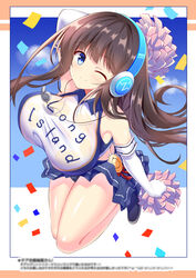  alternate_costume azur_lane bare_shoulders blue_eyes brown_hair comiket_99 confetti cosplay cygnet_(azur_lane) cygnet_(azur_lane)_(cosplay) cygnet_(royal_fanfare)_(azur_lane) elbow_gloves female gloves headphones highres holding holding_pom_poms kamishiro_(rsg10679) long_hair long_island_(azur_lane) looking_at_viewer microskirt midriff one_eye_closed pom_pom_(cheerleading) purple_skirt shirt skirt sleeveless sleeveless_shirt solo two-tone_shirt very_long_hair whistle whistle_around_neck white_gloves 