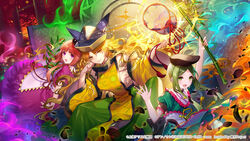  3girls apron aura bamboo black_headwear blonde_hair blush bow brown_hair circle_name constellation_print copyright_name copyright_notice dress drum green_dress green_eyes green_hair green_skirt hair_between_eyes hat holding instrument long_hair matara_okina multiple_girls nishida_satono official_art open_mouth orange_sleeves purple_dress purple_eyes rinko_(mg54) short_hair_with_long_locks skirt smile sun_symbol tabard teireida_mai third-party_source touhou touhou_danmaku_kagura tsuzumi waist_apron white_apron wide_sleeves yellow_bow yellow_eyes 