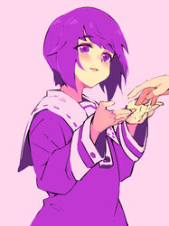  elysion eyes_visible_through_hair female hands_up long_sleeves open_mouth pink_background purple_eyes purple_hair ribbon_trim short_hair simple_background smile soror sound_horizon thick_eyebrows youhei_64d zipper_pull_tab 