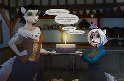  2022 adira_riftwall aiello anthro biped birthday birthday_cake black_hair blue_eyes bottomwear cake candle chest_tuft clothing daughter_(lore) dessert dialogue digital_media_(artwork) dress duo english_text facial_markings felid female food fur grey_body grey_fur hair happy_birthday head_markings hi_res keidran lit_candle looking_at_viewer maeve_(twokinds) mammal markings mother_(lore) mother_and_child_(lore) mother_and_daughter_(lore) multicolored_body multicolored_fur pantherine parent_(lore) parent_and_child_(lore) parent_and_daughter_(lore) pink_nose skirt snow_leopard speech_bubble spots spotted_body spotted_fur text tuft two_tone_body two_tone_fur twokinds white_body white_hair 