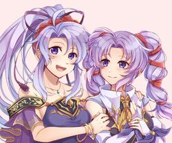  2girls blush bracelet bridal_gauntlets capelet fire_emblem fire_emblem:_genealogy_of_the_holy_war hair_ribbon highres ikuradon_tabeti jewelry long_hair mother_and_daughter multiple_girls necklace ponytail purple_eyes purple_hair ribbon simple_background smile tailtiu_(fire_emblem) tine_(fire_emblem) twintails 