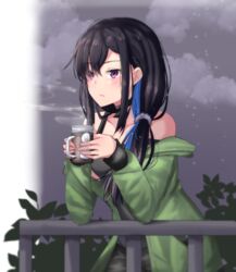  arairev black_hair blue_hair braid collarbone cowboy_shot cup elbow_rest female green_jacket highres holding holding_cup ichinose_uruha ichinose_uruha_(2nd_costume) jacket long_hair looking_afar lupinus_virtual_games mug multicolored_hair night outdoors parted_lips purple_eyes railing scrunchie solo strap_slip two-tone_hair virtual_youtuber vspo! 