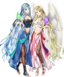  2girls azura_(fire_emblem) azura_(hatari)_(fire_emblem) blonde_hair blue_eyes blush breasts capelet cleavage closed_mouth collarbone crop_top detached_collar dress feathered_wings fire fire_emblem fire_emblem:_radiant_dawn fire_emblem_fates fire_emblem_heroes full_body gold_trim green_eyes habit highres holding jewelry kaya8 leanne_(fire_emblem) leanne_(hatari)_(fire_emblem) long_hair looking_at_viewer medium_breasts midriff multiple_girls navel necklace non-web_source nun official_art pantyhose parted_lips see-through simple_background smile standing stomach toes torch transparent_background very_long_hair wings yellow_eyes 