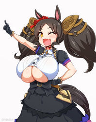  +_+ ;d animal_ears arm_up big_hair black_bow black_gloves black_hair black_jacket black_skirt bow breasts brooch buckle bursting_breasts buttons center_frills clothing_cutout collared_shirt commentary_request cowboy_shot crop_top drill_hair drill_sidelocks female flower frilled_shirt frilled_skirt frills gloves hair_flower hair_ornament hairband hand_on_own_hip happy high-waist_skirt highres horse_ears horse_girl horse_tail huge_breasts isemagu jacket jewelry layered_skirt light_blush looking_at_viewer marvelous_sunday_(umamusume) no_bra o-ring oerba_yun_fang one_eye_closed open_mouth orange_eyes parted_bangs pointing pointing_up puffy_short_sleeves puffy_sleeves red_flower red_hairband red_ribbon ribbon saddle shiny_skin shirt short_sleeves shrug_(clothing) sidelocks simple_background skirt smile solo standing symbol-shaped_pupils tail twintails twitter_username umamusume underboob underboob_cutout white_background white_shirt 