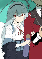  1boy absurdres banssee closed_mouth collared_shirt commander_(girls&#039;_frontline) female girls&#039;_frontline grey_hair griffin_&amp;_kryuger_military_uniform hair_between_eyes hairband highres holding holding_umbrella jacket jewelry long_hair long_sleeves neck_ribbon off_shoulder pouch red_eyes red_ribbon ribbon ring shared_umbrella shirt skirt solo_focus thunder_(girls&#039;_frontline) umbrella white_shirt 