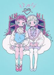  2girls aqua_background bangs flower full_body grey_footwear headphones holding long_hair long_sleeves looking_at_viewer multiple_girls original pantyhose plant purple_flower purple_hair red_footwear shoes short_hair sitting socks speaker toyux2 white_hair white_legwear 