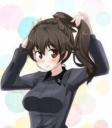  abimaru_gup adjusting_hair arms_up brown_eyes brown_hair closed_mouth commentary cowboy_shot dress_shirt extra female girls_und_panzer grey_shirt hair_tie hand_on_own_head insignia itsumi_erika&#039;s_loader kuromorimine_school_uniform long_hair long_sleeves looking_at_viewer multicolored_polka_dots polka_dot polka_dot_background ponytail school_uniform shirt smile solo twitter_username wing_collar 