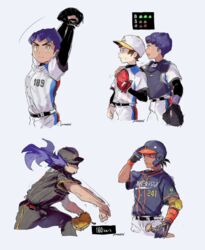  4boys adapted_costume baseball baseball_bat baseball_cap baseball_mitt brown_hair buttons champion_uniform closed_mouth commentary_request floating_hair gym_challenge_uniform hand_on_another&#039;s_shoulder hand_on_headwear hat highres holding holding_baseball_bat hop_(pokemon) leon_(pokemon) light_smile long_hair male_focus motion_blur motion_lines multiple_boys orange_eyes pokemon pokemon_swsh poroi_(poro586) purple_hair raihan_(pokemon) shirt short_sleeves signature throwing victor_(pokemon) white_background 