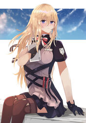  absurdres azur_lane bismarck_(azur_lane) bismarck_(iron_black_elysium)_(azur_lane) blonde_hair blush boots breasts brown_footwear closed_mouth dress feet_out_of_frame female gloves hane_(feathe02) highres holding holding_notepad knee_boots long_hair looking_at_viewer medium_breasts notepad official_alternate_costume purple_eyes purple_gloves simple_background sitting solo 