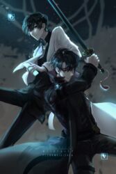  2boys arm_belt arm_up belt black_hair black_pants black_shirt blurry blurry_background cellphone copyright_name dated hair_between_eyes highres holding holding_sword holding_weapon kim_dokja long_sleeves male_focus multiple_boys necktie omniscient_reader&#039;s_viewpoint pants phone plurk_username shirt short_hair standing sword weapon white_necktie wildfoxep yoo_joonghyuk 