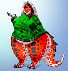  2017 anthro belly bottomless bottomless_anthro bottomless_female claws clothed clothing dinosaur extinct fangs female front_view hair hand_in_pocket hi_res holidays looking_at_viewer overweight overweight_anthro overweight_female pockets prehistoric_species reptile scales scalie shenzel slightly_chubby slightly_chubby_anthro slightly_chubby_female solo st._patrick&#039;s_day standing teeth theropod thick_thighs tiptoes toe_claws trinity_(shenzel) tyrannosaurid tyrannosauroid tyrannosaurus tyrannosaurus_rex wide_eyed wide_hips 