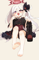  barefoot black_footwear blue_archive blush boots fangs feet female foot_focus foreshortening hair_ribbon halo highres holding holding_boots holding_clothes holding_footwear kotoba_(1074421015) looking_at_viewer mesugaki mutsuki_(blue_archive) open_mouth presenting_foot ribbon side_ponytail simple_background skin_fangs soles solo toes unworn_boots white_hair 