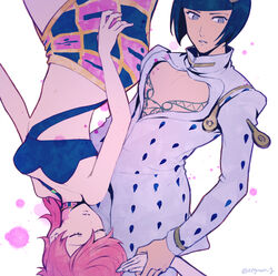  1boy 723_(tobi) black_bra black_hair blue_eyes bob_cut bra breasts bruno_bucciarati closed_eyes female holding_hands jacket jojo_no_kimyou_na_bouken long_sleeves medium_hair open_mouth pink_hair simple_background skirt teeth trish_una underwear vento_aureo white_background white_jacket 