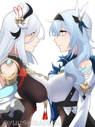  2girls black_hairband blue_hair bodysuit braid breast_curtain breast_press breasts clothing_cutout covered_navel eula_(genshin_impact) genshin_impact grey_hair hair_ornament hair_over_one_eye hairband highres hip_vent jewelry large_breasts long_hair long_sleeves low-braided_long_hair low-tied_long_hair medium_hair multiple_girls necktie shenhe_(genshin_impact) shoulder_cutout symmetrical_docking tassel thighhighs very_long_hair white_hair yellow_eyes yuushiba 