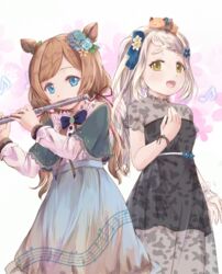  2girls :d animal animal_ears animal_on_head beamed_eighth_notes black_dress blue_bow blue_eyes blue_flower blue_rose blue_sky bow braid braided_bangs breasts brown_hair capelet commentary deer_ears dress eighth_note eli_conifer eli_conifer_(2nd_costume) english_commentary eyebrows_hidden_by_hair floral_background flower flute gonzalez_(machita_chima) green_capelet hair_flower hair_ornament hairbow hand_up highres hikari_niji holding holding_instrument instrument long_hair long_sleeves looking_at_viewer low_twintails machita_chima machita_chima_(2nd_costume) multiple_girls music musical_note musical_note_print nijisanji on_head open_mouth playing_instrument print_skirt quarter_note rose shirt short_eyebrows short_sleeves skirt sky small_breasts smile standing swept_bangs thick_eyebrows twintails very_long_hair virtual_youtuber white_flower white_shirt wrist_cuffs 