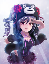  absurdres blush commentary_request dark_illuminate_(idolmaster) drill_hair female gothic_lolita grey_hair hair_ornament highres idolmaster idolmaster_cinderella_girls kanzaki_ranko kumamon lolita_fashion long_hair rosenburg_engel_(idolmaster) solo studio_viga twin_drills twintails 