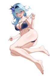  :d absurdres ass bad_id bad_mihuashi_id bare_arms bare_legs bare_shoulders barefoot bikini black_hairband blue_bikini blue_eyes blue_hair blush breasts cleavage collarbone earrings eula_(genshin_impact) feet female full_body genshin_impact hair_ornament hairband hand_up highres jewelry large_breasts long_hair looking_at_viewer lying o-ring o-ring_bikini on_side open_mouth pulling_own_clothes simple_background smile solo stomach strap_pull stud_earrings swimsuit thighs white_background yiran 