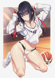  alternate_costume ball basketball basketball_(object) black_hair blue_eyes blurry collarbone commentary_request depth_of_field female fingerless_gloves full_body gloves gridman_universe kneeling long_hair looking_at_viewer midriff navel parfaitlate red_gloves shoes sneakers solo sports_bikini ssss.gridman straight_hair sweater takarada_rikka white_footwear white_sweater 