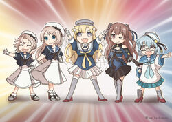  5girls ane_hoshimaru aqua_neckerchief aqua_skirt bespectacled black-framed_eyewear black_gloves black_neckerchief black_ribbon black_skirt blonde_hair blue_eyes blue_hair blue_neckerchief blue_sailor_collar blue_serafuku blue_shirt brown_eyes closed_eyes dixie_cup_hat double_bun dress fletcher_(kancolle) glasses gloves hair_bun hair_ornament hat hat_ribbon janus_(kancolle) jervis_(kancolle) johnston_(kancolle) kantai_collection light_brown_hair long_hair long_sleeves medium_hair military_hat miniskirt multiple_girls neckerchief off_shoulder one_eye_closed parted_bangs pleated_skirt purple_eyes ribbon sailor_collar sailor_dress sailor_hat samuel_b._roberts_(kancolle) school_uniform serafuku shirt short_hair skirt star_(symbol) star_hair_ornament two_side_up white_dress white_gloves white_headwear white_skirt yellow_neckerchief 