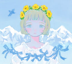  bangs bird blue_eyes blue_ribbon blue_sky blunt_bangs blush brown_hair dress extra_pupils female flower hair_flower hair_ornament highres leaf looking_at_viewer mountain original ribbon short_hair sky solo toyux2 upper_body white_dress yellow_flower 