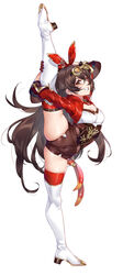  amber_(genshin_impact) bad_id bad_pixiv_id blush boots breasts brown_eyes brown_hair brown_shorts cleavage female flexible full_body genshin_impact ginklaga gloves goggles grin hair_between_eyes hair_ribbon highres leg_lift leg_up long_hair looking_at_viewer medium_breasts red_ribbon ribbon short_shorts shorts simple_background smile solo split standing standing_on_one_leg standing_split sweat thigh_boots thighhighs thighs vision_(genshin_impact) white_background 