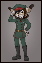  adolescent anthro biped black_body black_border black_fur boots border cheek_tuft clothed clothing cosplay facial_tuft felid feline female footwear fully_clothed fur grey_background hat headgear headwear hi_res lynx mammal military_uniform multicolored_body multicolored_fur shouk simple_background solo the_saga_of_tanya_the_evil tuft uniform youjo_senki young young_anthro zaire_(nightdancer) 