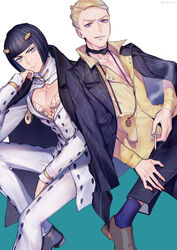  2boys 723_(tobi) black_hair black_jacket black_pants blonde_hair blue_eyes bob_cut brown_footwear bruno_bucciarati cigarette closed_mouth formal grin highres holding holding_cigarette invisible_chair jacket jewelry jojo_no_kimyou_na_bouken looking_at_viewer magatama magatama_necklace male_focus medium_hair multiple_boys necklace pants polo_shirt prosciutto purple_legwear shirt shoes sitting smile smoking teeth vento_aureo white_jacket white_pants yellow_shirt 