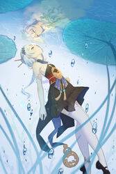  2girls absurdres bare_shoulders blue_eyes bubble china_dress chinese_clothes closed_eyes closed_mouth different_reflection dress hair_between_eyes highres honkai_(series) honkai_impact_3rd leaf looking_up multiple_girls reflection skirt sleeveless submerged theresa_apocalypse underwater white_hair white_legwear yichuanxue zhuge_kongming_(honkai_impact) 