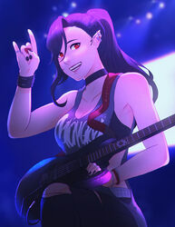  black_bra black_choker black_hair black_nails blurry blurry_background bra bracelet breasts choker cleavage earrings electric_guitar elezen elf female fender_musical_instruments_corporation final_fantasy final_fantasy_xiv guitar hair_between_eyes highres hilda_ware holding holding_instrument hyur instrument jewelry koyorin looking_at_viewer open_mouth pants pointy_ears ponytail red_eyes ring sleeveless solo torn_clothes torn_pants underwear 