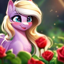  absurd_res ai_generated bay_breeze equid equine fan_character female fluffy_chest garden happy hasbro hi_res horse inner_ear_fluff mammal my_little_pony mythological_creature mythological_equine mythology pegasus pony purplesmart smile solo tuft wings 