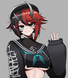  beret black_hair black_hat black_serafuku blue_eyes blue_neckerchief breasts closed_mouth commentary crop_top demon_girl demon_horns female grey_background hair_ornament hat highres horns large_breasts looking_at_viewer multicolored_hair nanashi_inc. neckerchief official_alternate_costume pendramon pointy_ears red_hair ryugasaki_rene ryugasaki_rene_(3rd_costume) school_uniform serafuku short_hair simple_background sleeves_past_wrists smile solo sugar_lyric two-tone_hair underboob upper_body virtual_youtuber x_hair_ornament 