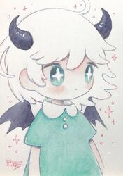  +_+ black_horns black_wings blush bright_pupils dated dress expressionless female green_dress green_eyes highres horns no_nose original painting_(medium) short_sleeves signature solo symbol-shaped_pupils traditional_media watercolor_(medium) white_pupils wings zukky000 