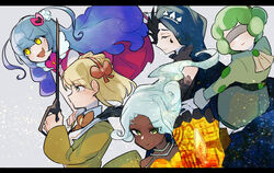  5girls ascot blindfold blonde_hair blue_hair bow closed_eyes closed_mouth collared_shirt dark_skin fake_wings green_eyes green_hair hair_ornament hair_ribbon headband heart heart_hair_ornament jacket king_of_greed knight_of_despair library_of_ruina light_blue_hair long_hair long_sleeves magical_girl md5_mismatch multiple_girls nakame77 oerba_yun_fang open_mouth orange_headband orange_ribbon pink_bow project_moon puffy_shorts queen_of_hatred ribbon servant_of_wrath shirt shorts skin_fang sleeve_cuffs smile tiara tiphereth_a_(project_moon) twintails white_ascot white_shirt wings wonderlab yellow_eyes yellow_jacket 