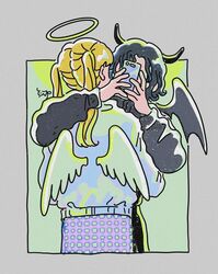  2girls angel_wings black_hair black_horns blonde_hair border covering_face demon_horns demon_wings feathered_wings green_background grey_border halo highres holding holding_phone horns hug long_hair long_sleeves multiple_girls original phone short_hair toyux2 twintails upper_body white_wings wings 