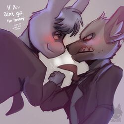  1:1 2022 aggretsuko angry anthro asinus bared_teeth black_tie_(suit) blush clothing digital_media_(artwork) digital_painting_(artwork) donkey duo equid equine gamibri haida_(aggretsuko) hi_res hyena male mammal necktie sanrio spotted_hyena suit tadano_(aggretsuko) 