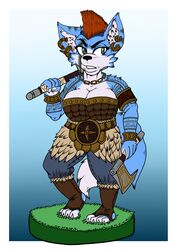  2023 absurd_res anthro armor axe battle_axe breasts canid canine cerinian cleavage clothed clothing cosplay crossover crossover_cosplay digital_drawing_(artwork) digital_media_(artwork) ear_piercing ear_ring female fox fur gamesworkshop hi_res jewelry krystal_(star_fox) leather leather_armor mammal miniature_model mohawk necklace nintendo piercing ring_piercing slayer solo star_fox tattoo warhammer_(franchise) warhammer_fantasy xxtheoneguyxx 